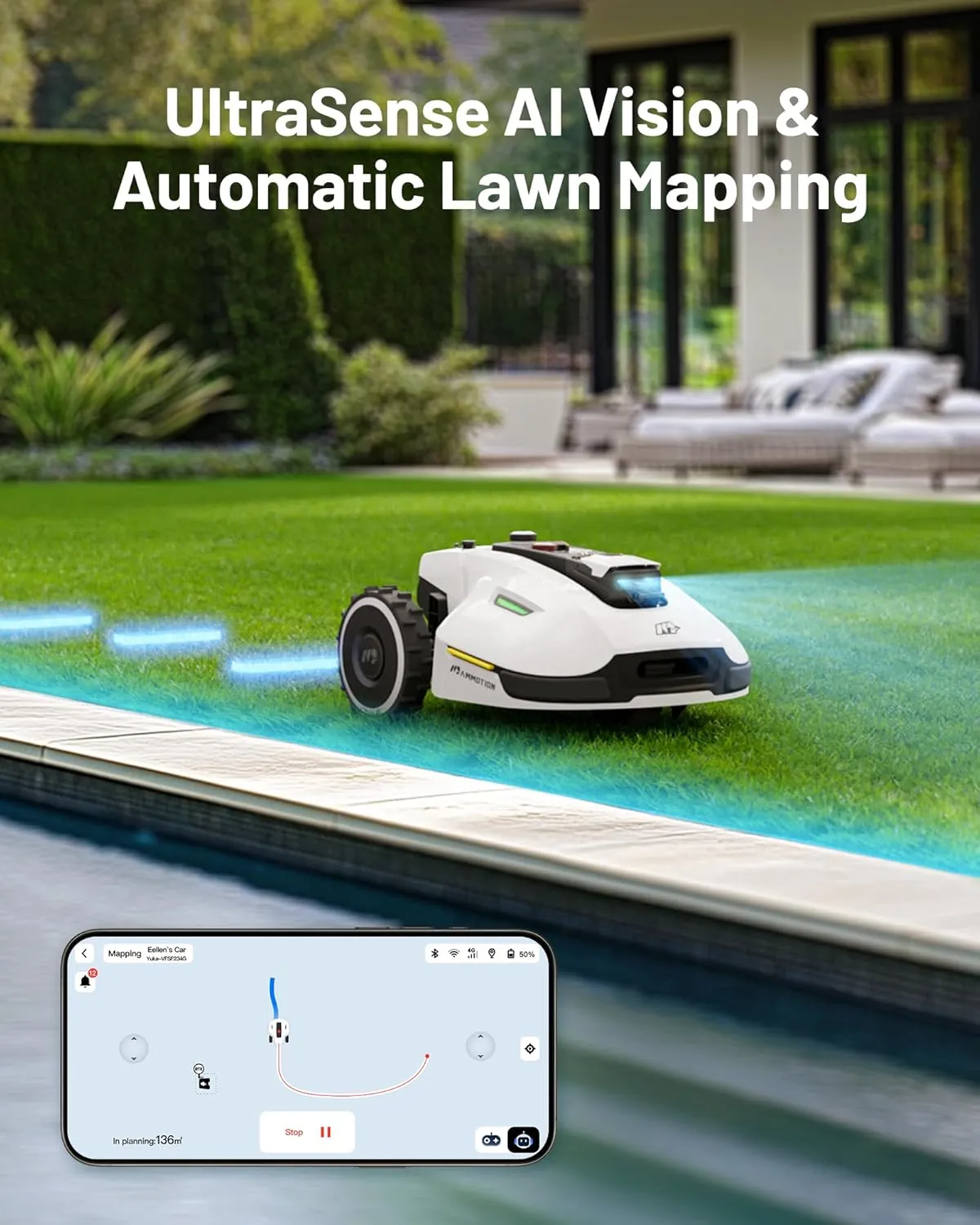 YUKA 2000 Robot Lawn Mower with Sweeper Kit, Ultrasense AI Vision & RTK Antenna, Auto Mapping & App Control,45% Slope Capability,Wireless Perimeter,Dual Cutting Discs, Up to 20 Mowing Zones
