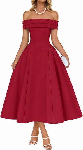 ZESICA Cocktail Dresses for Women's Elegant Off Shoulder Short Sleeve Swing A Line Wedding Evening Party Midi Dress