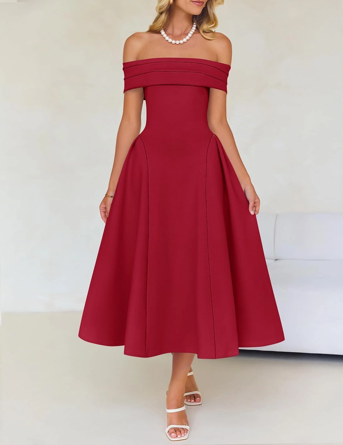 ZESICA Cocktail Dresses for Women's Elegant Off Shoulder Short Sleeve Swing A Line Wedding Evening Party Midi Dress