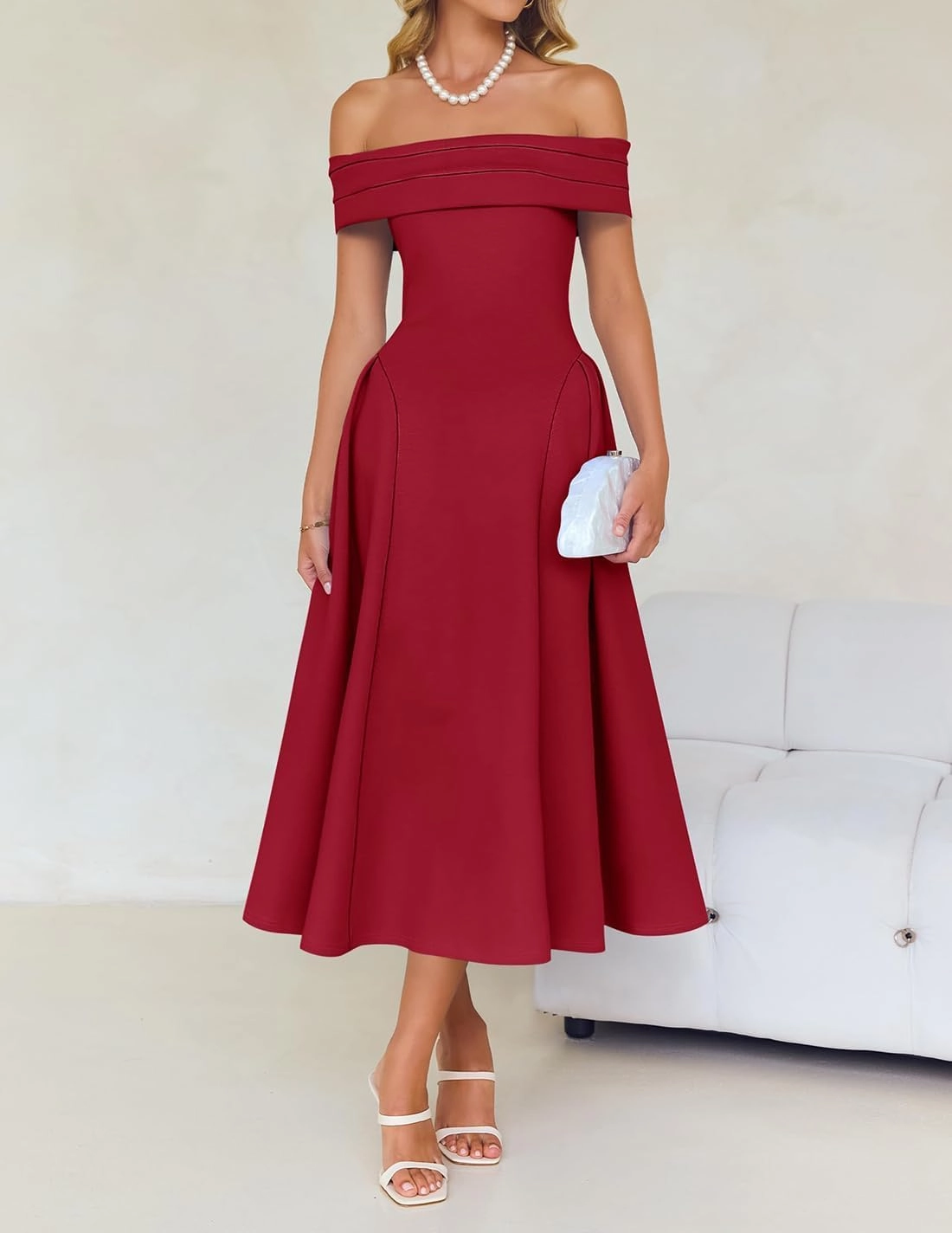 ZESICA Cocktail Dresses for Women's Elegant Off Shoulder Short Sleeve Swing A Line Wedding Evening Party Midi Dress