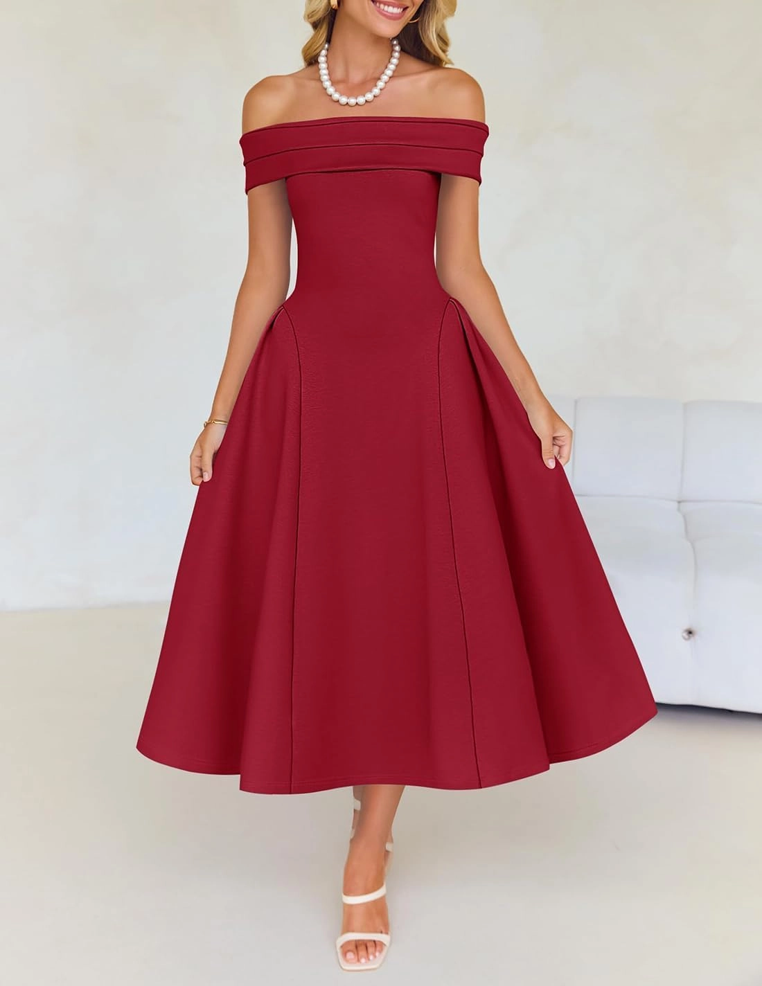 ZESICA Cocktail Dresses for Women's Elegant Off Shoulder Short Sleeve Swing A Line Wedding Evening Party Midi Dress