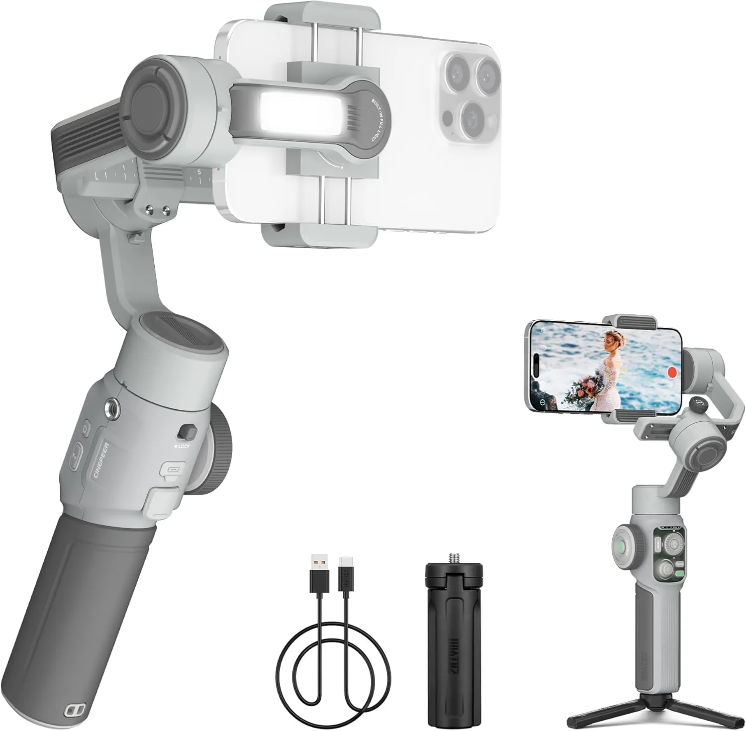 ZHIYUN CINEPEER Smooth 5E Gimbal Stabiliser for iPhone, Android, Built-in Fill Light, Tripod, 3-Axis 300g Payload Phone Gimbal, Gesture Control, Vlogging Stabilizer for YouTube, TikTok