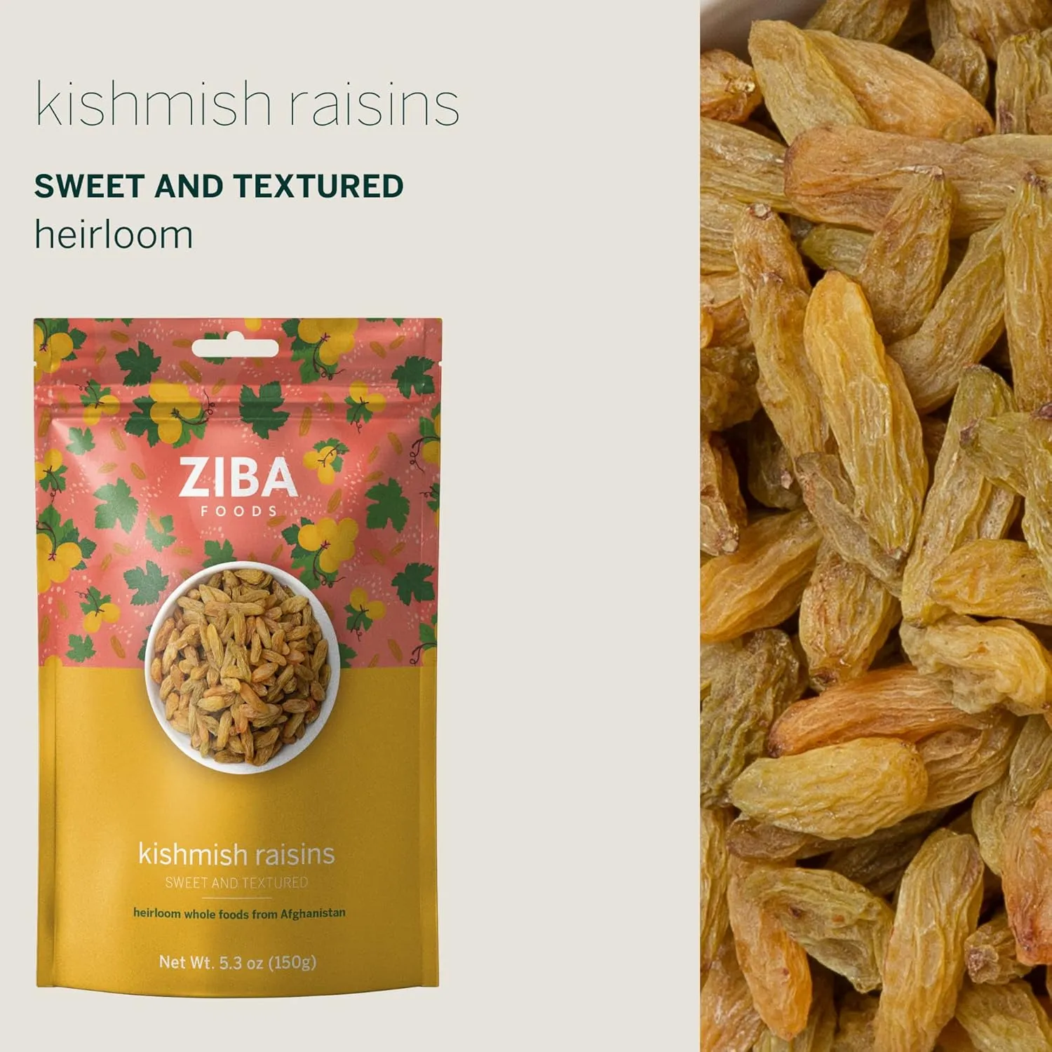 Ziba Foods Kishmish Raisins | Non-GMO, Vegan, Whole 30 Friendly & Paleo | Superfood Dry Fruit Raisins No Sugar Added & Naturally High in Fiber, Iron and Immune Boosting Antioxidants, 5.3 oz