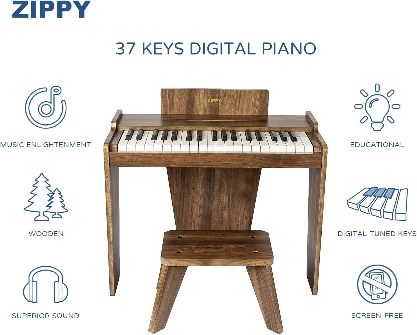 ZIPPY Kids Piano Keyboard, 37 Keys Digital Piano for Kids, Music Educational Instrument Toy, Wood Piano for 3  Girls and Boys, Walnut Basic