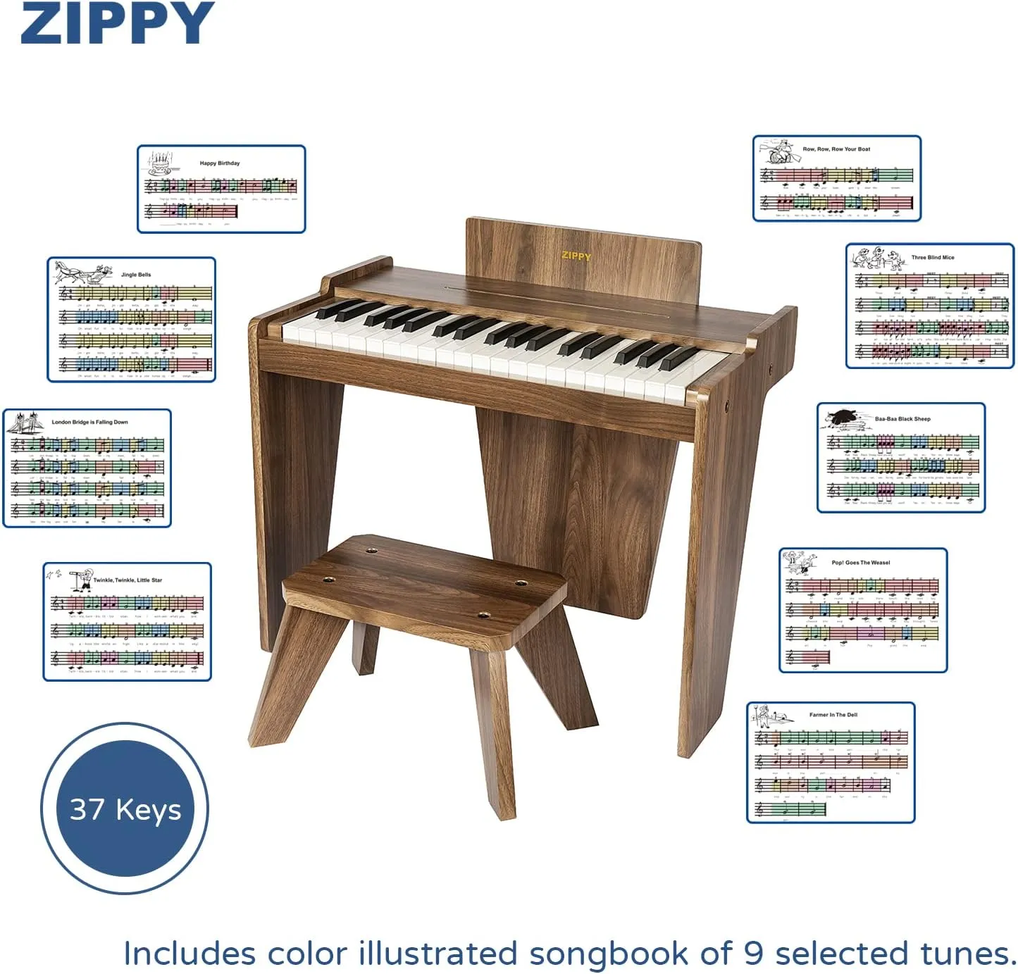 ZIPPY Kids Piano Keyboard, 37 Keys Digital Piano for Kids, Music Educational Instrument Toy, Wood Piano for 3  Girls and Boys, Walnut Basic