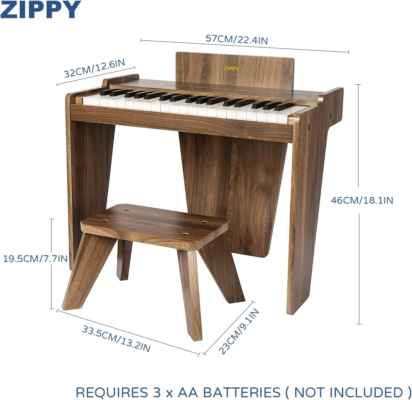 ZIPPY Kids Piano Keyboard, 37 Keys Digital Piano for Kids, Music Educational Instrument Toy, Wood Piano for 3  Girls and Boys, Walnut Basic