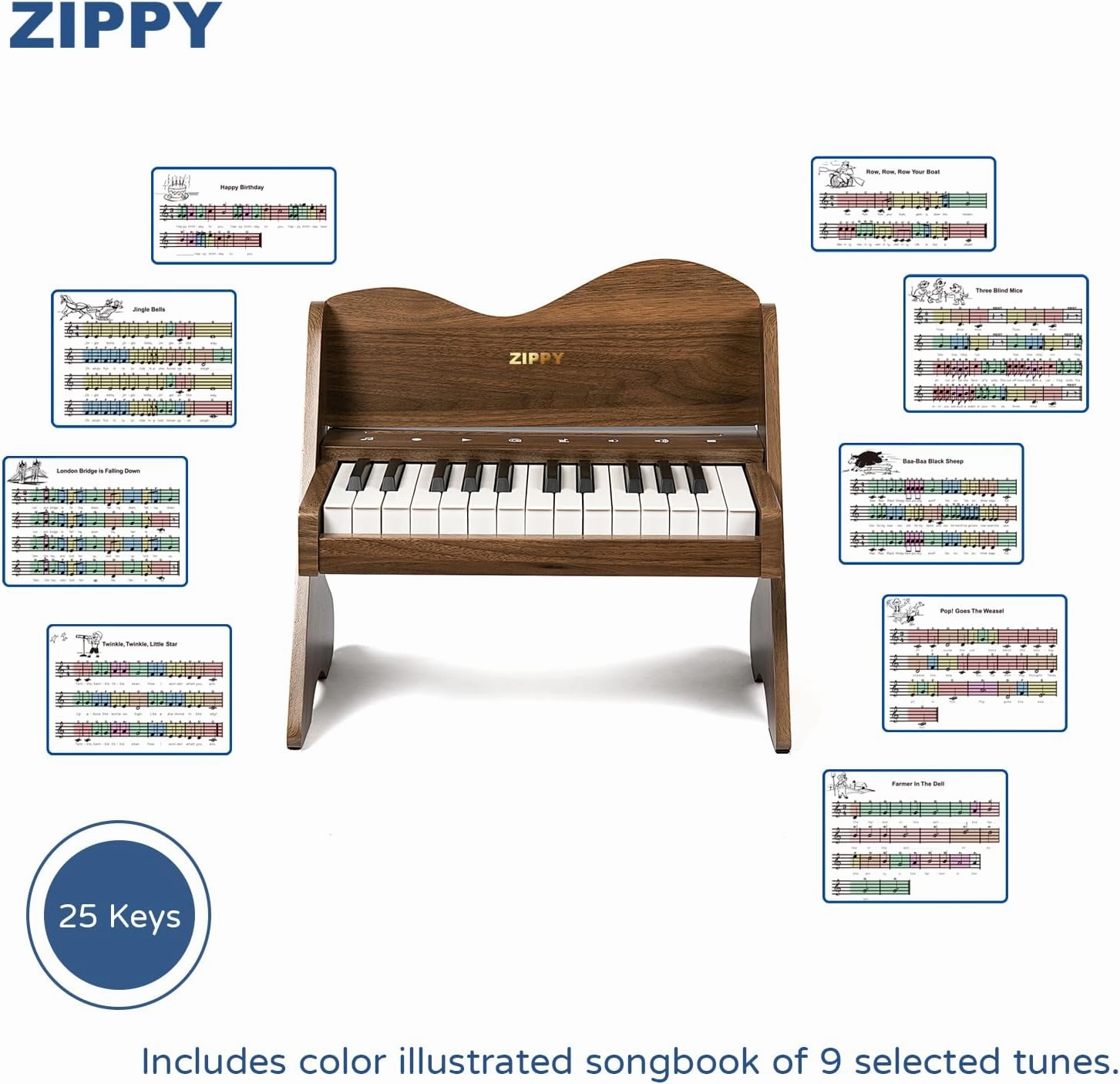 ZIPPY Kids Piano Keyboard, 25 Keys Digital Piano for Kids, Touch Sensitive Control Panel, Volume Adjustable, Mini Music Educational Instrument Toy, Wood Piano for Toddlers Girls Boys (Walnut)