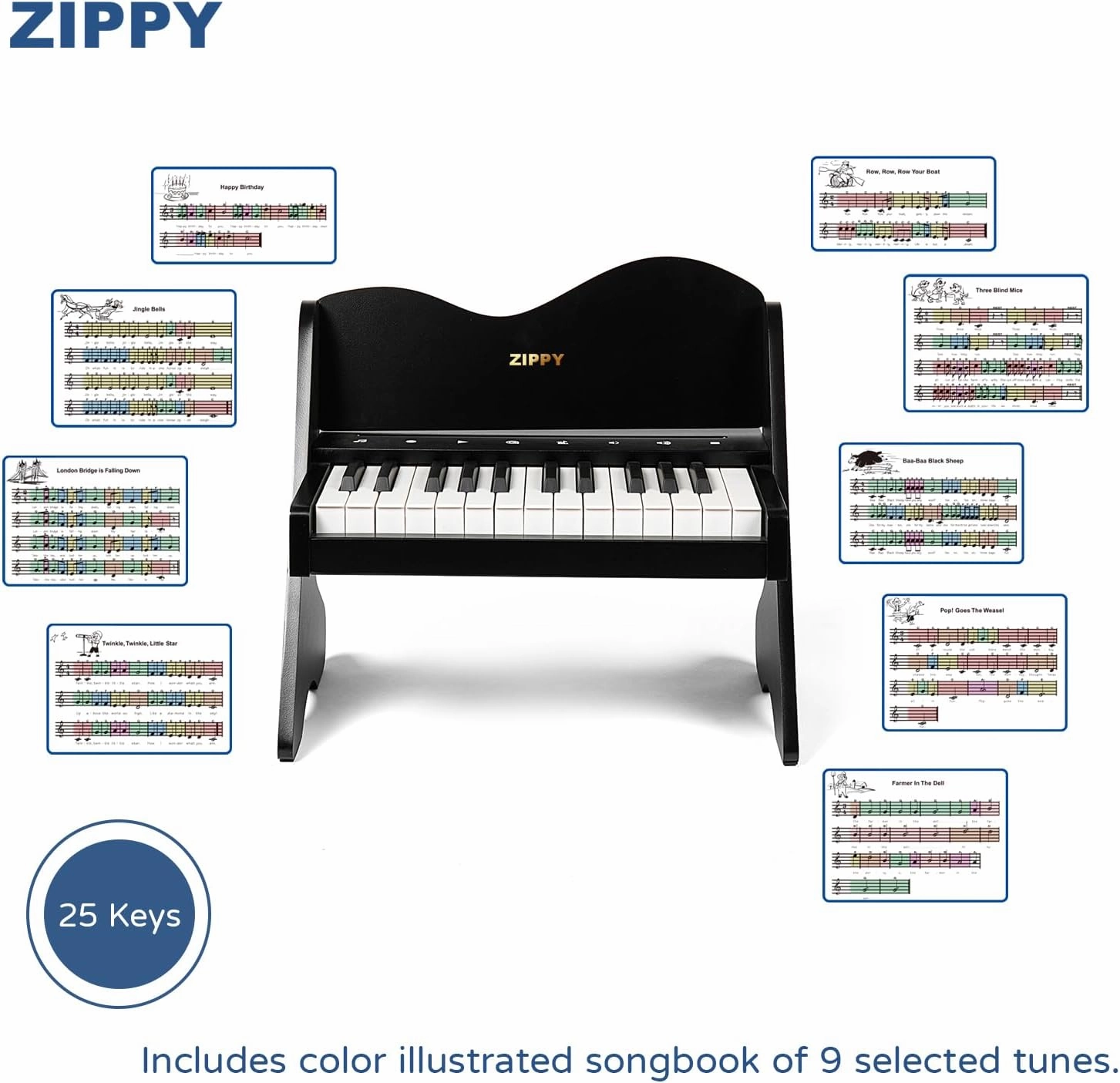 ZIPPY Kids Piano Keyboard, 25 Keys Digital Piano for Kids, Touch Sensitive Control Panel, Volume Adjustable, Mini Music Educational Instrument Toy, Wood Toy for Toddlers Girls Boys (Black)