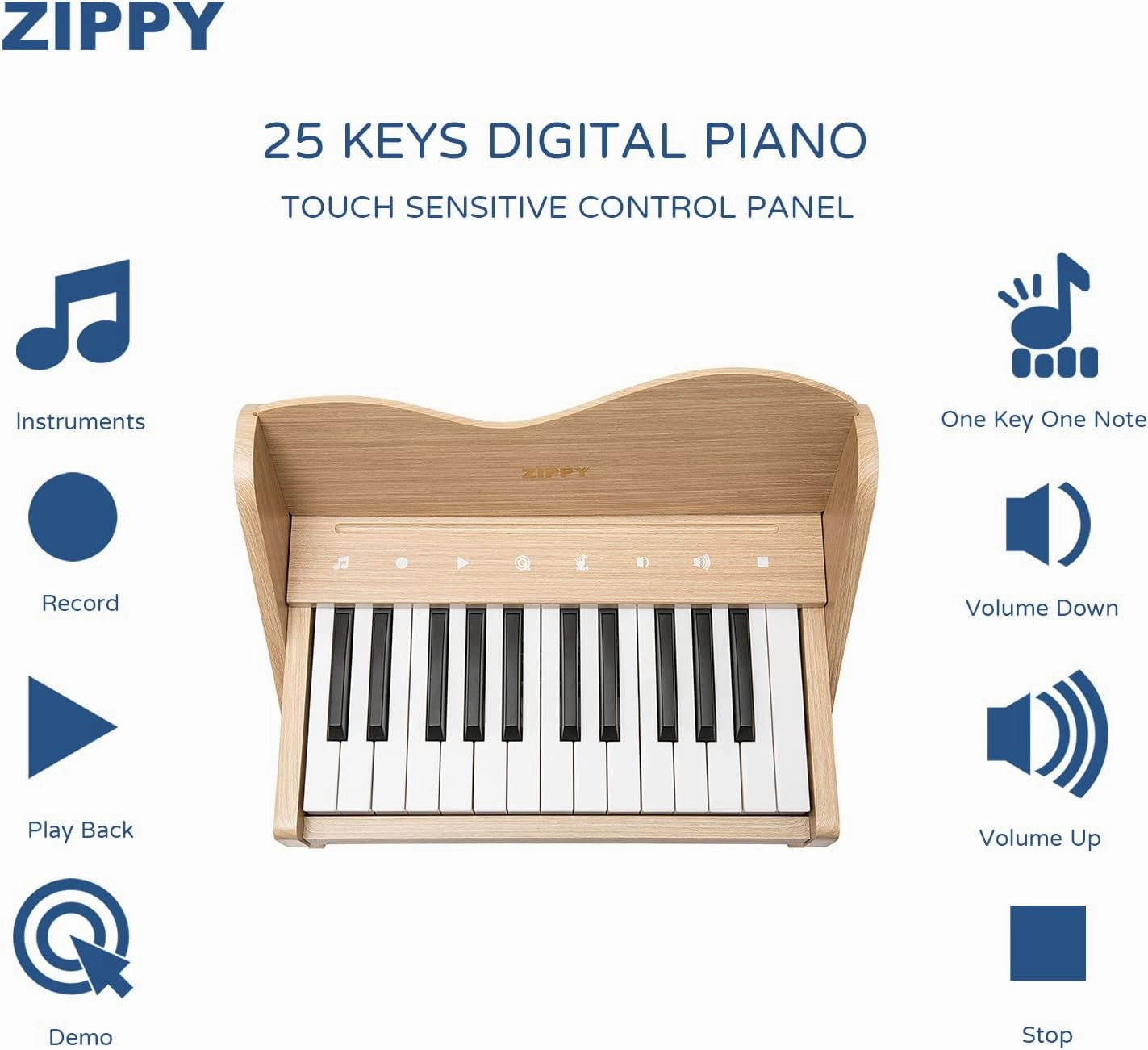 ZIPPY Kids Piano Keyboard, 25 Keys Digital Piano for Kids, Touch Sensitive Control Panel, Volume Adjustable, Mini Music Educational Instrument Toy, Wood Toy for Toddlers Girls Boys (Oak)