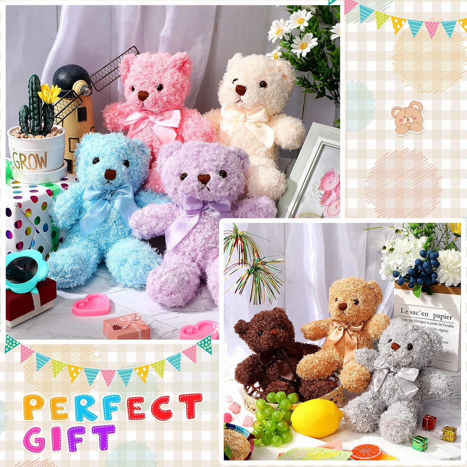 Zomiboo 7 Packs 14 Inch Plush Bear Stuffed Animals Plush Soft Cute Stuffed Dolls Birthday Party Decorations(Bright Colors)