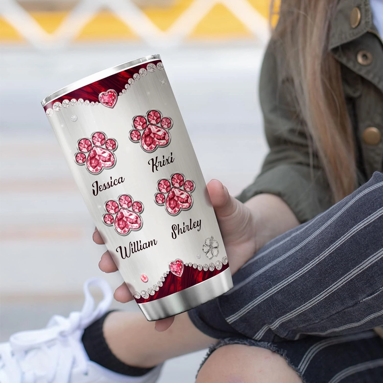 ZOXIX Personalized Cat Mom Tumbler With Kids Names Travel Mug 20oz Jewelry Style Stainless Steel Cup With Lid Customized Mothers Day Cute Kitten Animal Pet Owner Gifts For Mom Mama