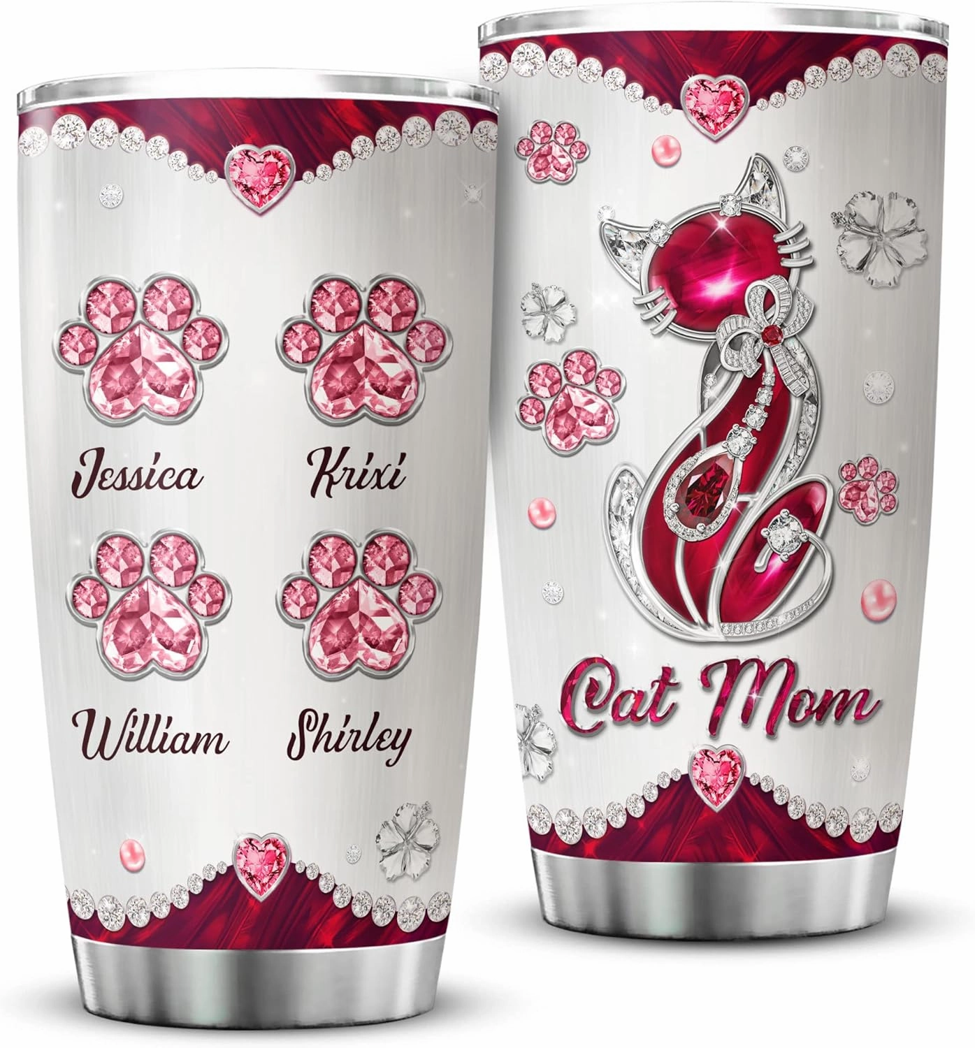 ZOXIX Personalized Cat Mom Tumbler With Kids Names Travel Mug 20oz Jewelry Style Stainless Steel Cup With Lid Customized Mothers Day Cute Kitten Animal Pet Owner Gifts For Mom Mama