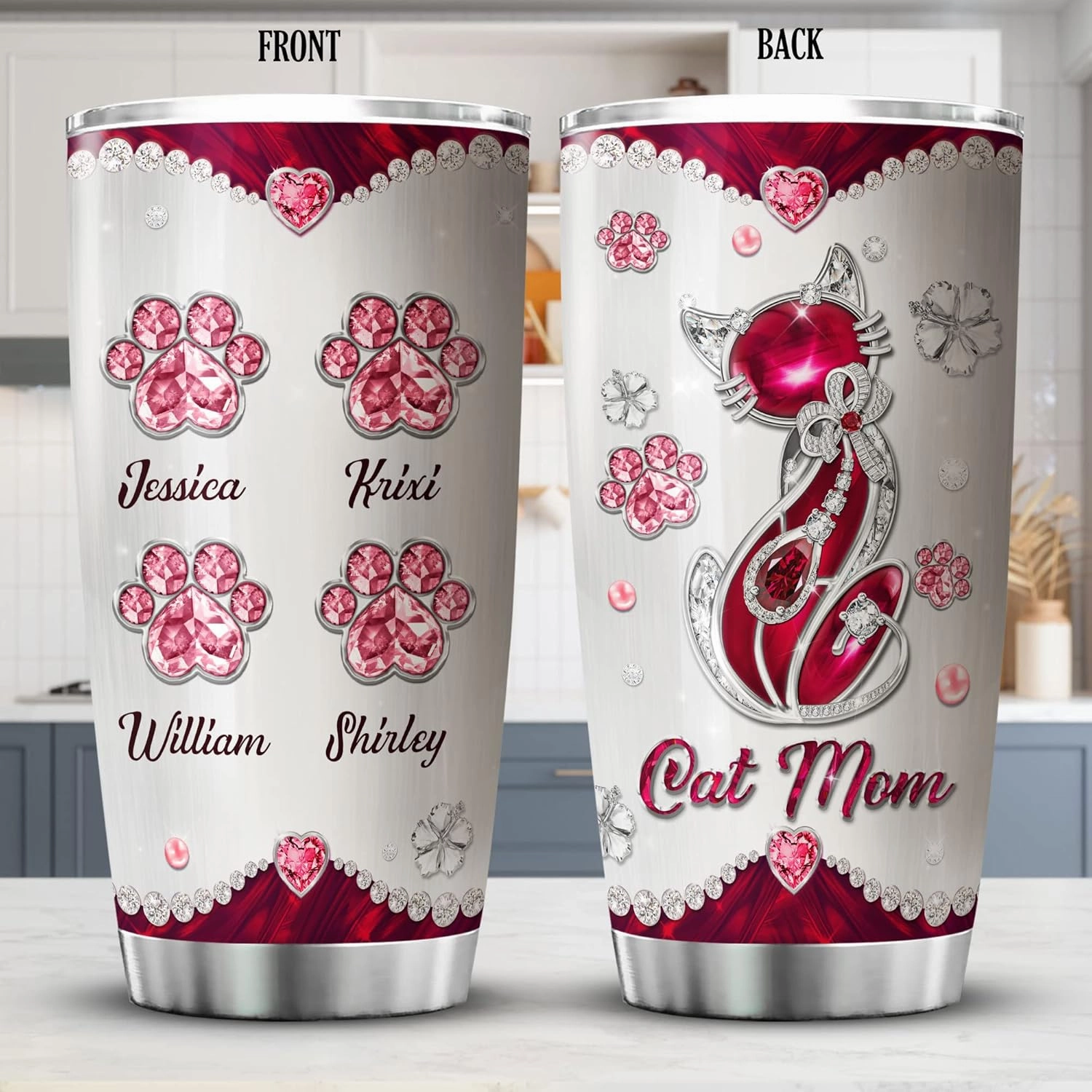 ZOXIX Personalized Cat Mom Tumbler With Kids Names Travel Mug 20oz Jewelry Style Stainless Steel Cup With Lid Customized Mothers Day Cute Kitten Animal Pet Owner Gifts For Mom Mama