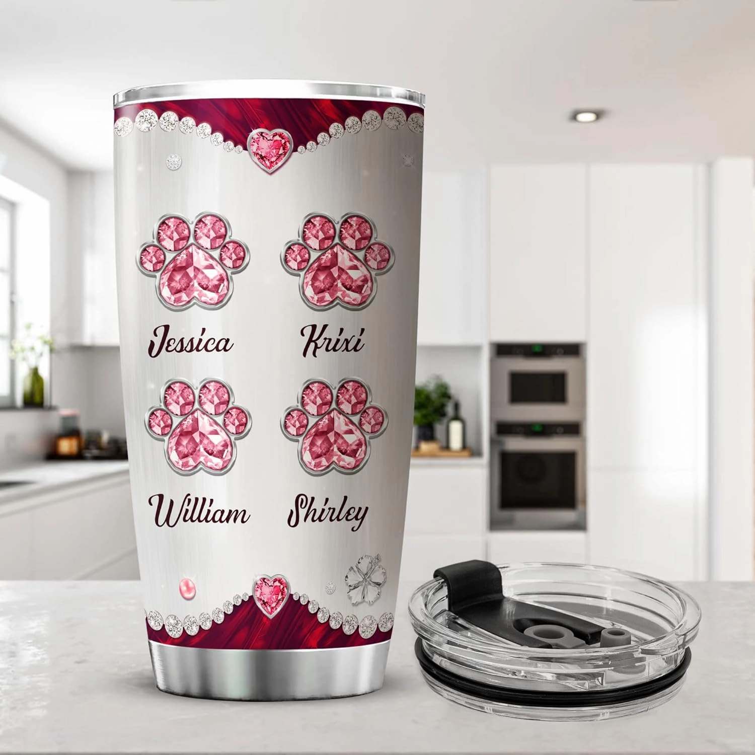 ZOXIX Personalized Cat Mom Tumbler With Kids Names Travel Mug 20oz Jewelry Style Stainless Steel Cup With Lid Customized Mothers Day Cute Kitten Animal Pet Owner Gifts For Mom Mama