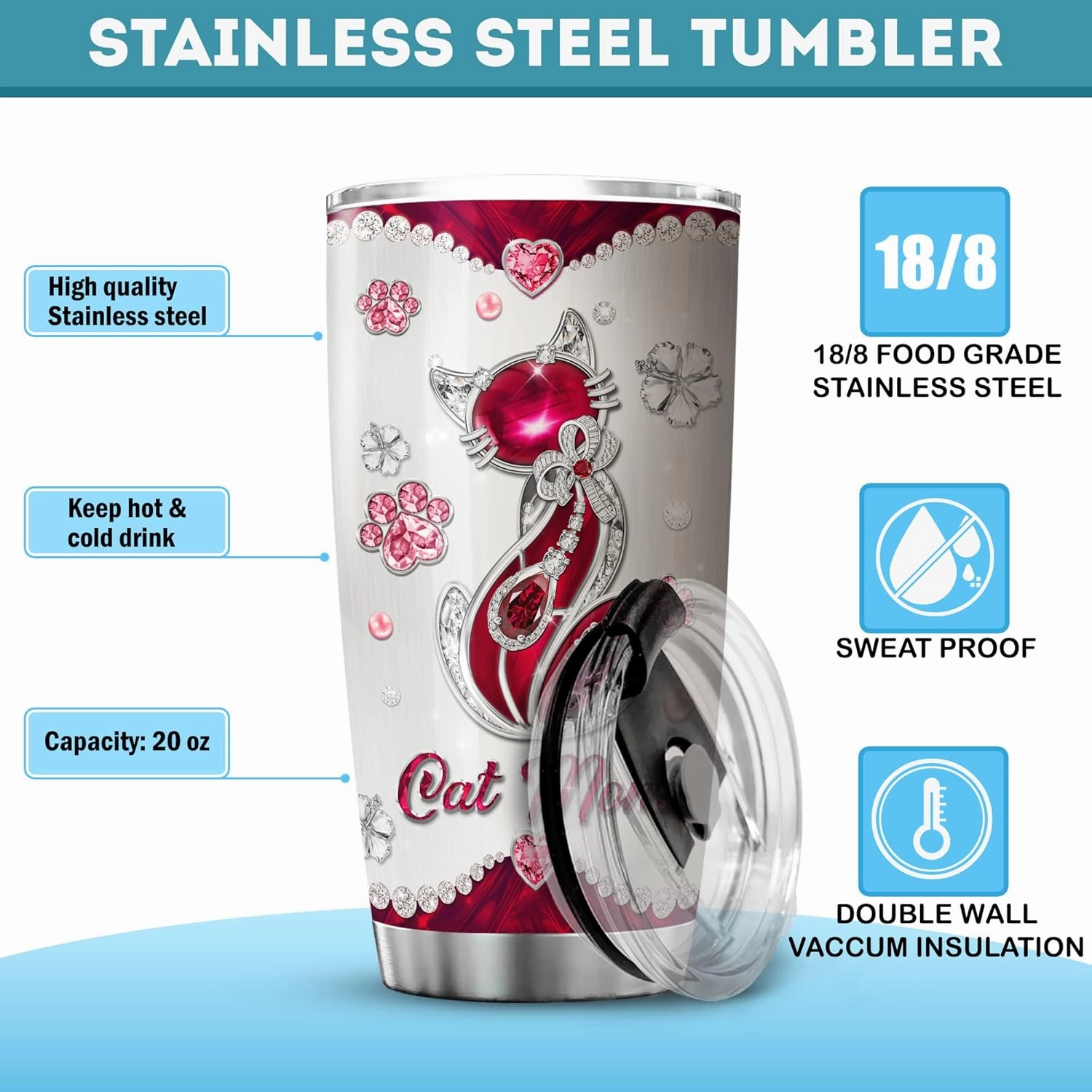 ZOXIX Personalized Cat Mom Tumbler With Kids Names Travel Mug 20oz Jewelry Style Stainless Steel Cup With Lid Customized Mothers Day Cute Kitten Animal Pet Owner Gifts For Mom Mama