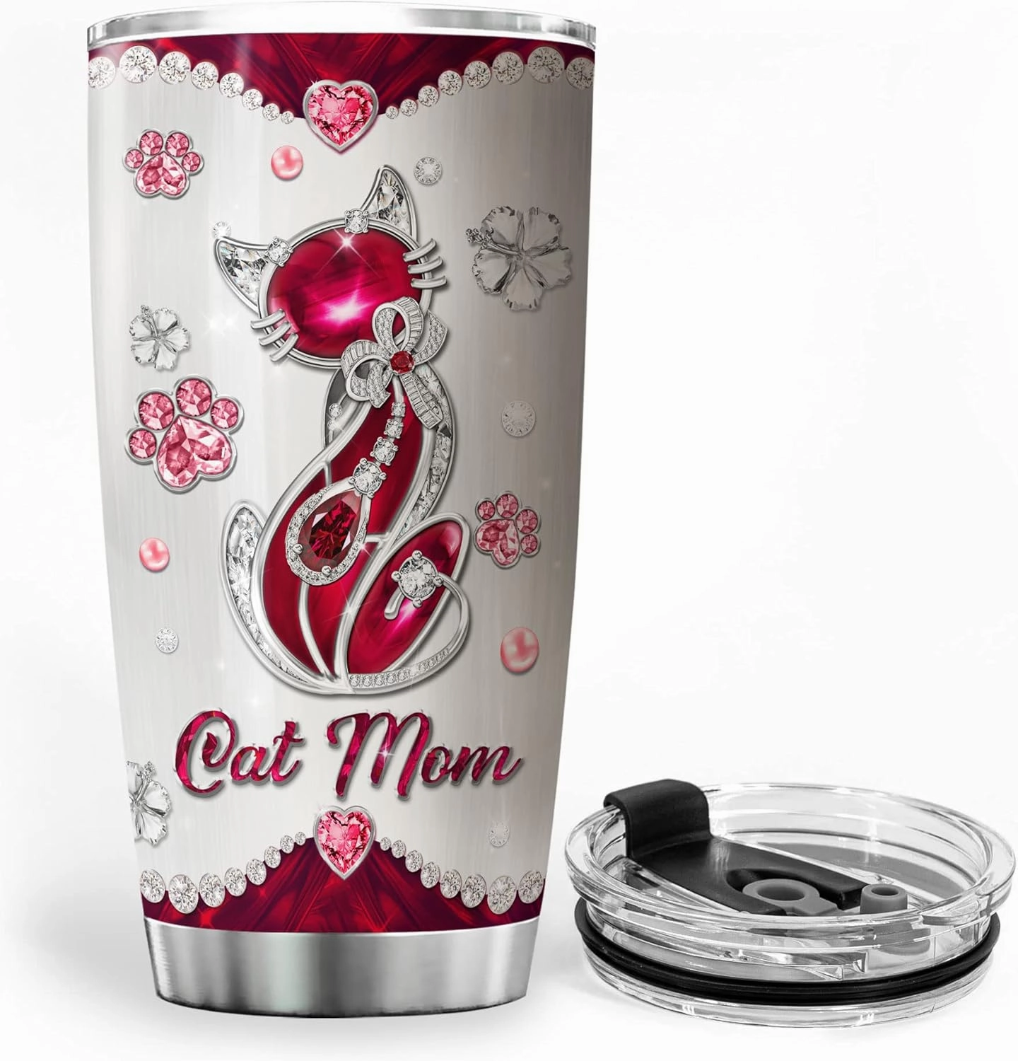 ZOXIX Personalized Cat Mom Tumbler With Kids Names Travel Mug 20oz Jewelry Style Stainless Steel Cup With Lid Customized Mothers Day Cute Kitten Animal Pet Owner Gifts For Mom Mama
