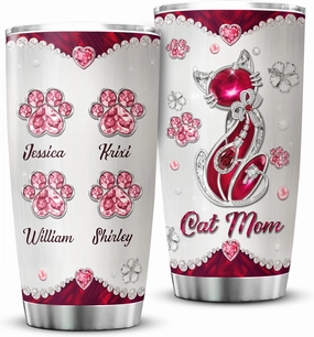 ZOXIX Personalized Cat Mom Tumbler With Kids Names Travel Mug 20oz Jewelry Style Stainless Steel Cup With Lid Customized Mothers Day Cute Kitten Animal Pet Owner Gifts For Mom Mama